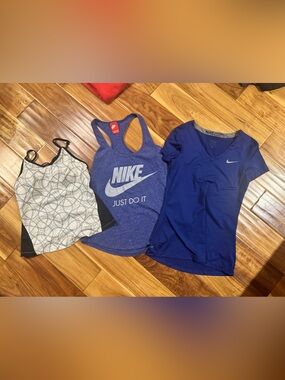 Bundle of 3 Nike Women's Tops - Racerback Tank, heat gear blue short sleeve
'